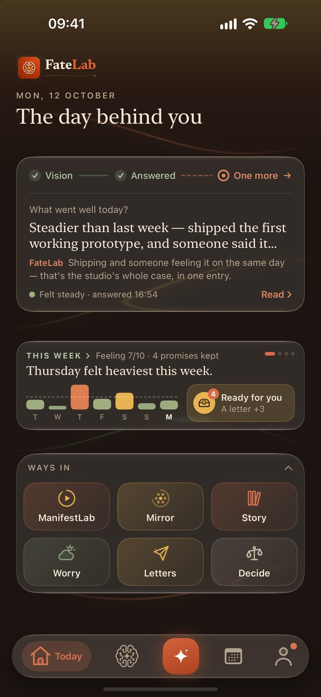 Today in dark mode — the day behind you and the week's card